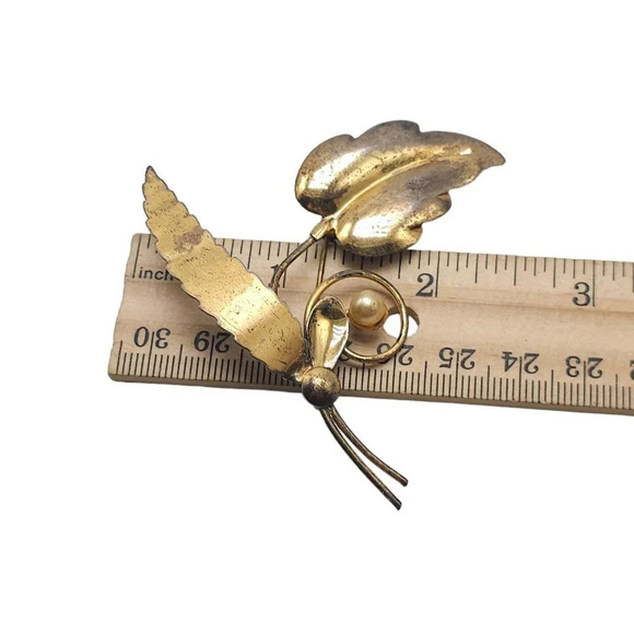 Sterling Silver Gold Vermeil Pearl Large Leaf Brooch Pin Gold Tone Vintage - Picture 5 of 5